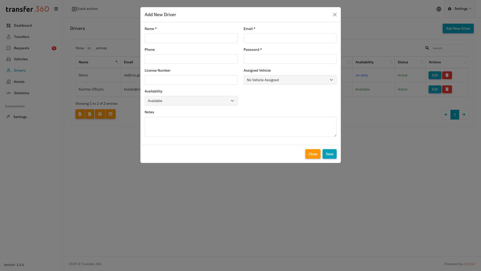 Add Driver form highlighting email and password