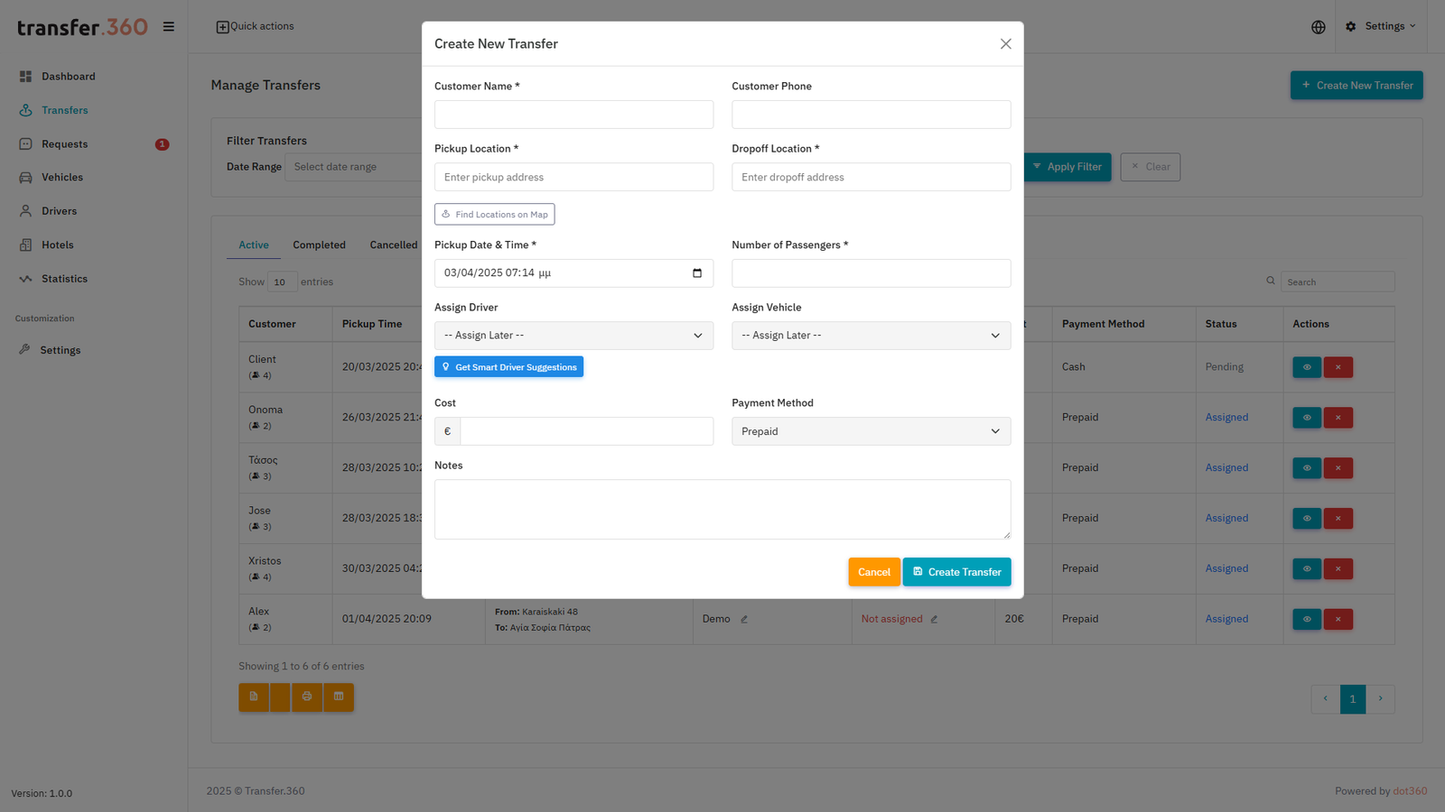Transfer creation and driver assignment process