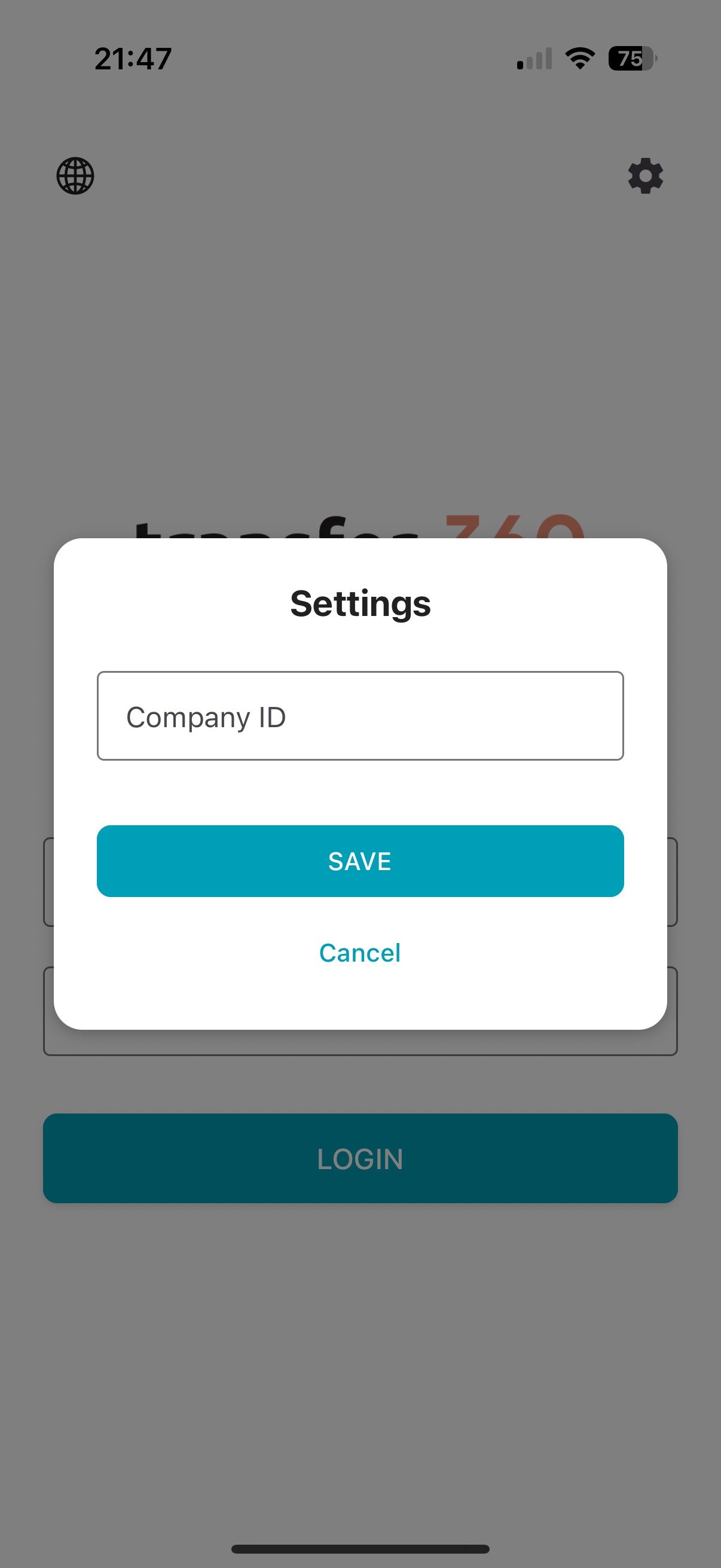 Mobile app gear icon and Company ID field