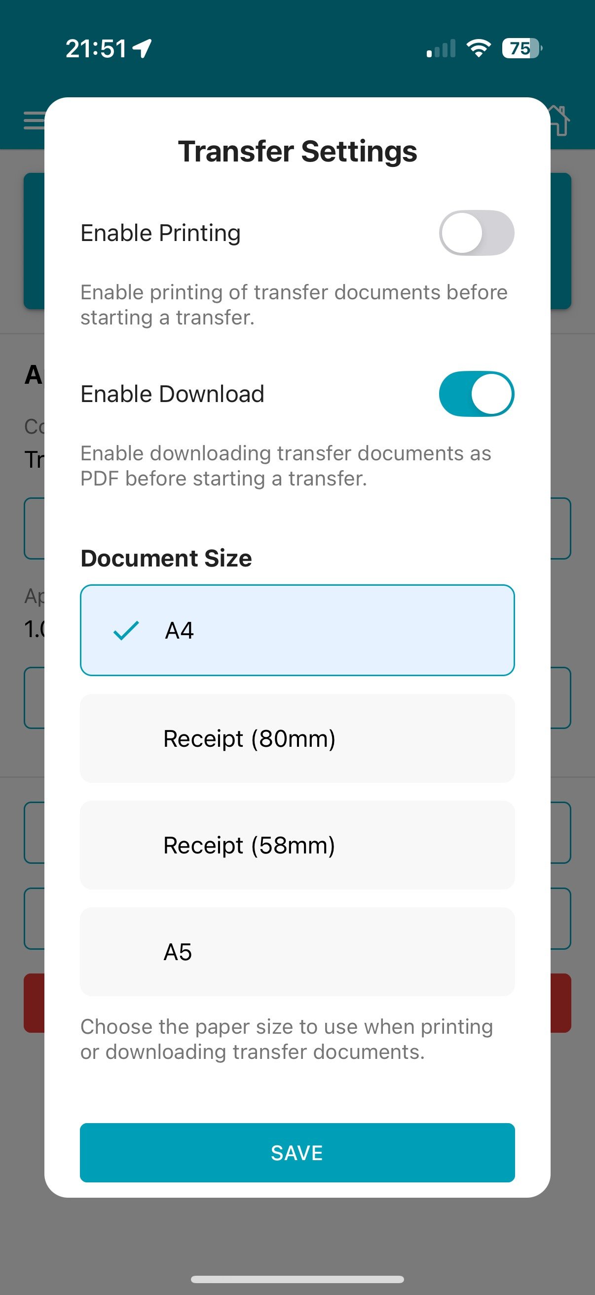 Mobile app Settings -> Transfer Settings screen